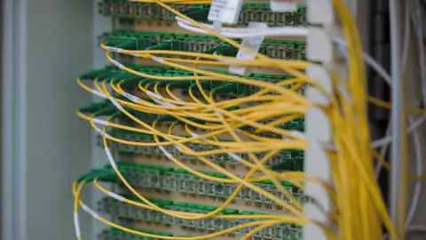 Yellow fibre-optic cables connected to a network distribution panel
